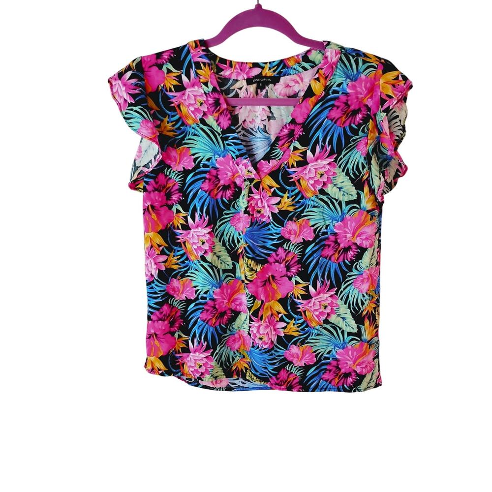 Ann Carson Small Women's Black Tropical Floral Shirt Top Butterfly Sleeveless
